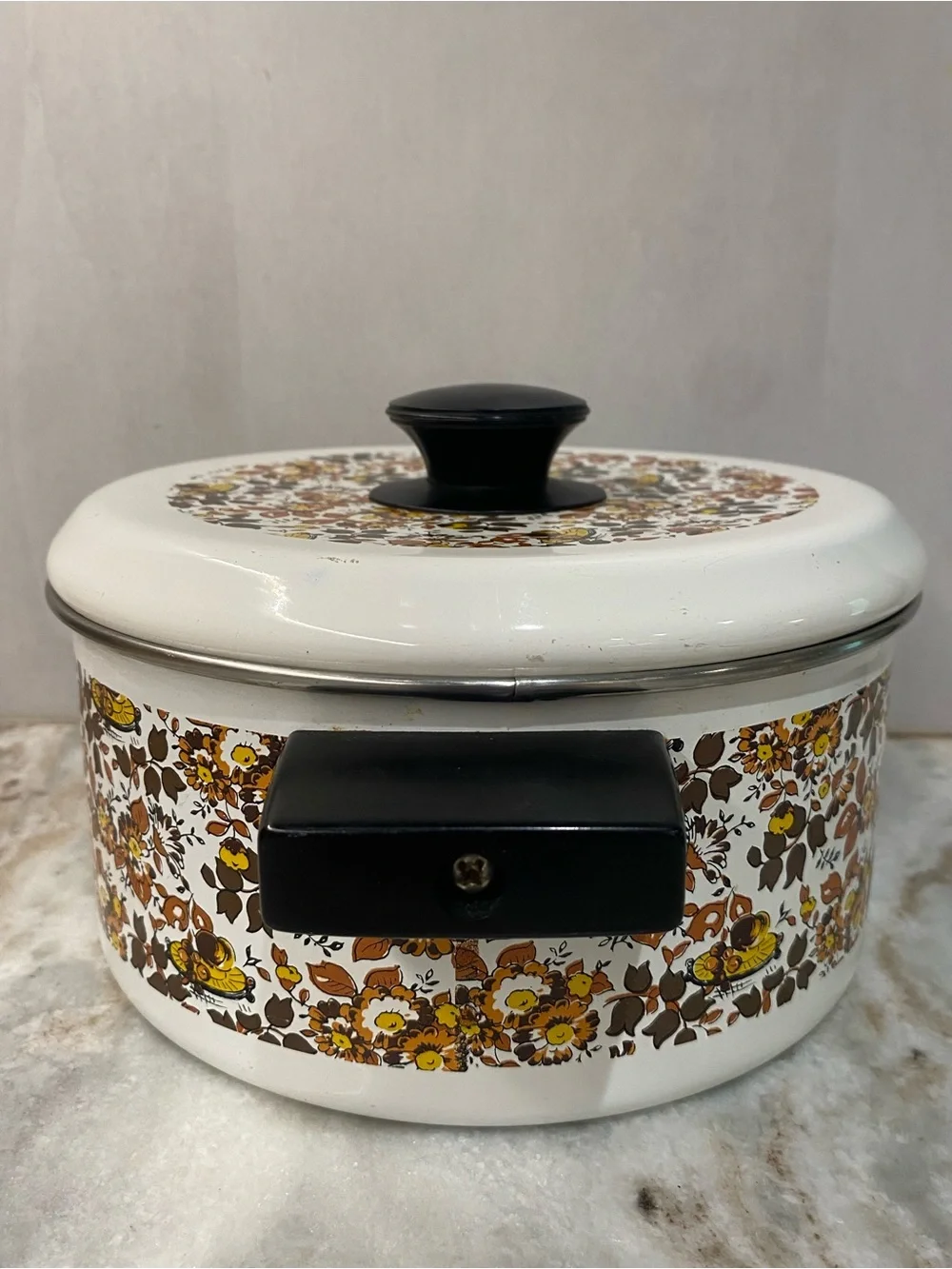 Vintage Fancipans Enamelware 1.5Qt Lidded Casserole Pot 1970s Butterfly MCM